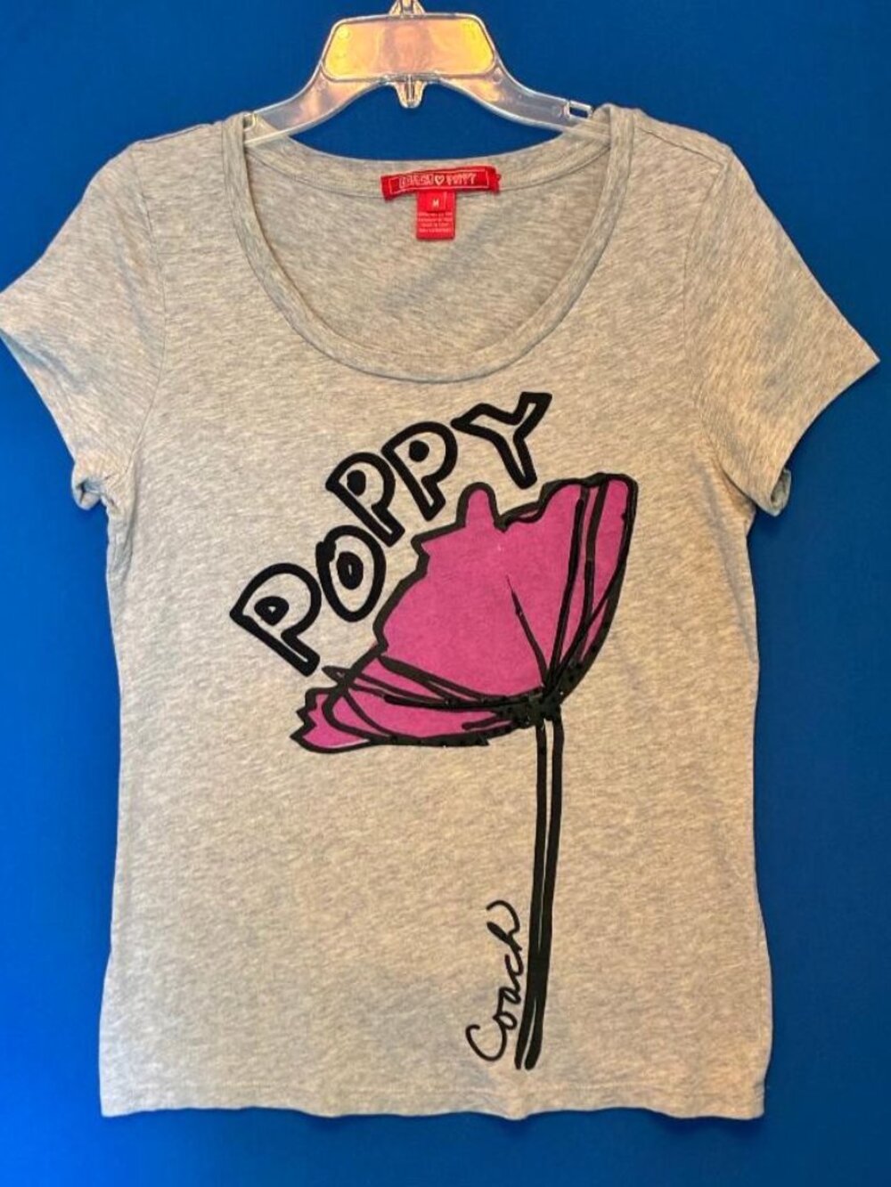 Coach Poppy Gray 100% Pima Cotton Graphic Scoop Neck Short Sleeve Tee Shirt Sz M